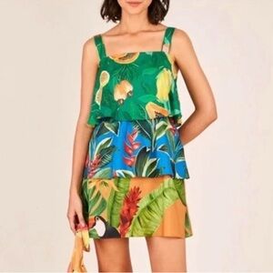 FARM Rio Mixed Prints Layered Mini Dress Ruffles Floral Tropical Green Size XL